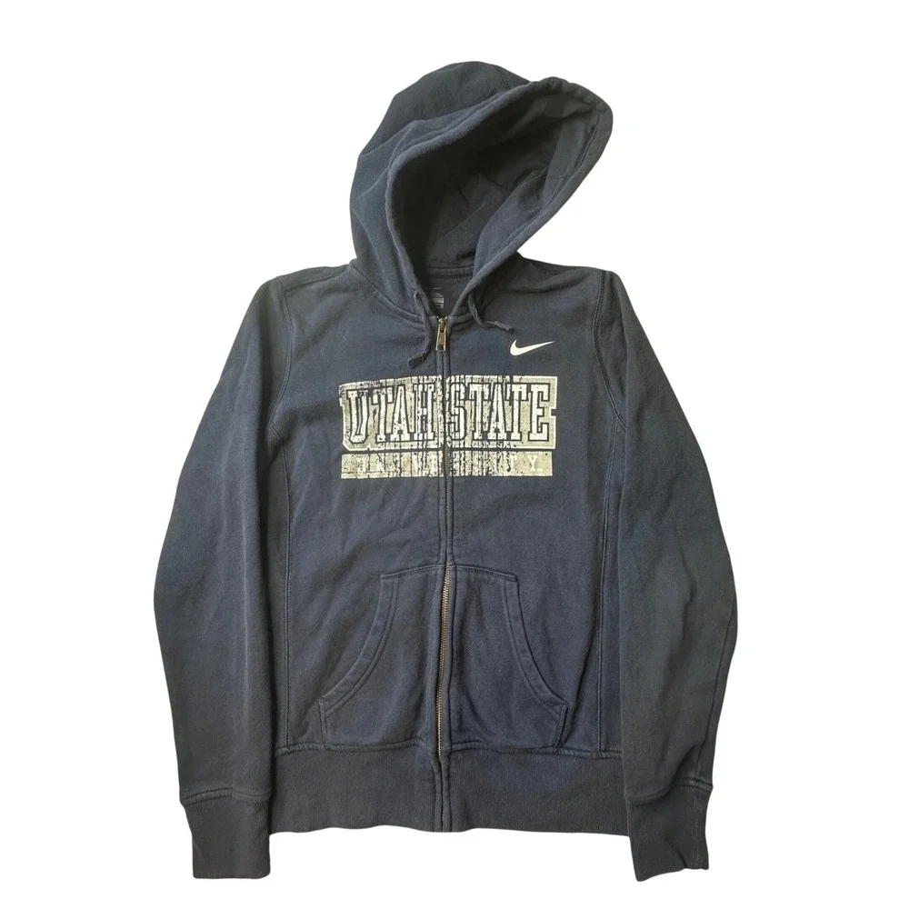 Utah State University Nike Hoodie Womens M Navy Full Zip Distressed Logo Fleece